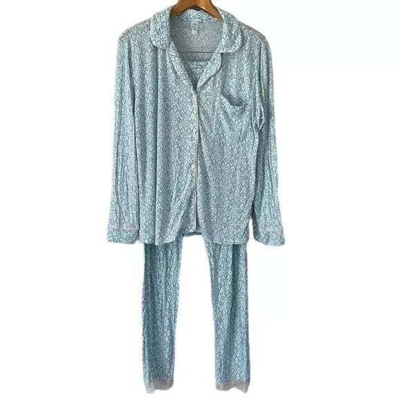 eberjey Long Sleeve Pajama Set Blue With White Print Size Small