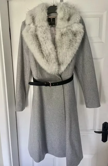 TED BAKER LLOTIE faux fur collar belted wool blend coat size 2