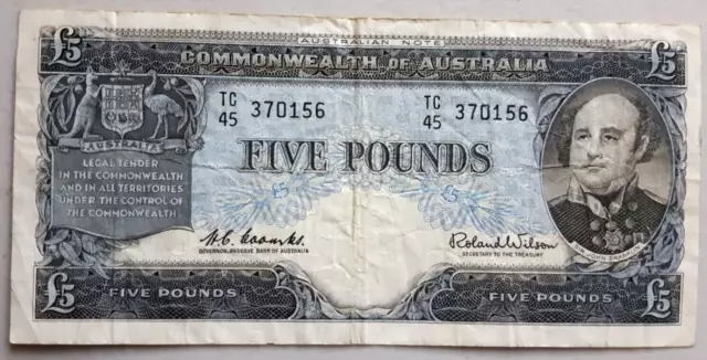Australia 5 pounds banknote Coombs Wilson 1961 circulated