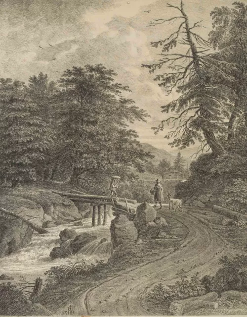 J. DORNER (1775-1852), Gebirgsbach mit Balkenbrücke, um 1817, Lithographie