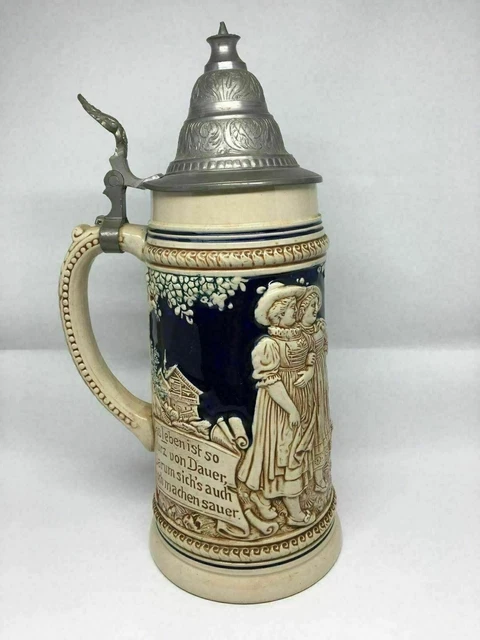 K3) German Bavarian Beer Stein Village Dancing Happiness and Health Lidded Mug