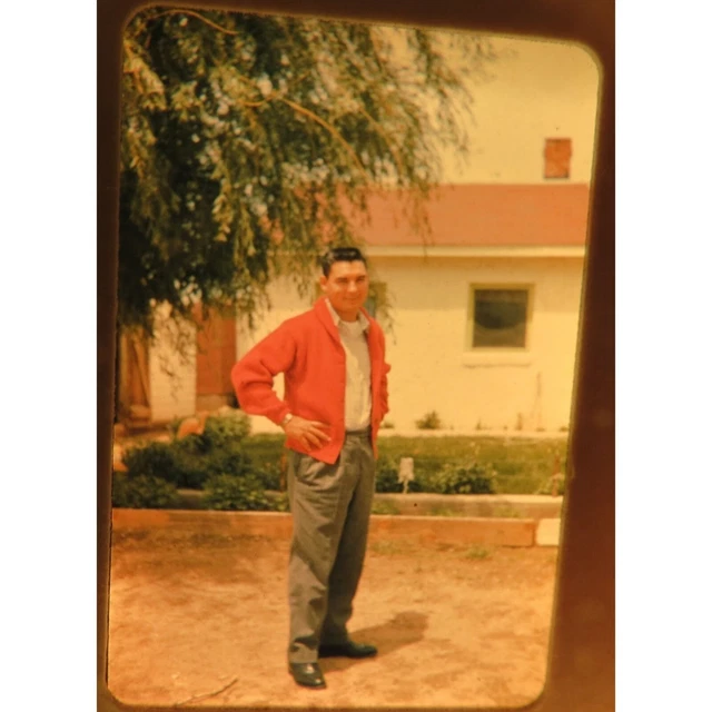Vintage 35mm Kodachrome Color Slide Transparency Young Man Red Jacket House Tree