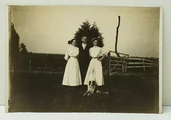 RPPC Edwardian Era Young Ladies & Gentleman with Dog Real Photo Postcard D20