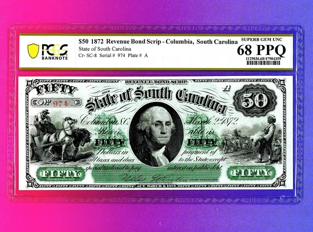 STATE OF South Carolina 1872 $20 Obsolete Paper Money  PCGS 68 PPQ White Wow