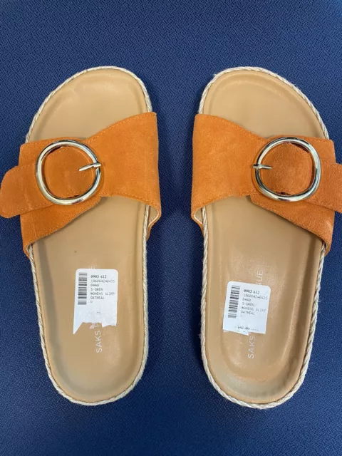 Saks Fifth Avenue Orange Leather Flip Flops Espadrille Slide Sandals Women’s 7