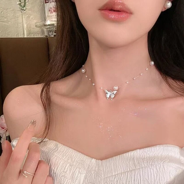 925 Silver Filled Pearl Butterfly Pendant Chain Necklace Womens Jewellery Choker