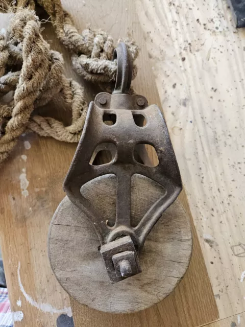 Cast Iron and Wood Barn Pulley Farm Primitive With It's Original Rope