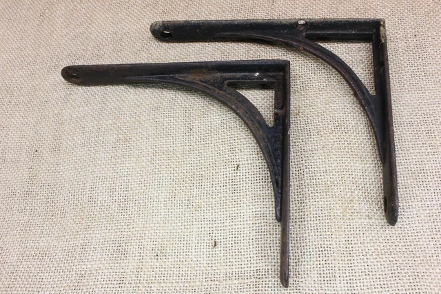 2 Old Shelf Brackets 5 X 6” Weathered Paint Cast Iron Rustic Vintage Supports 2