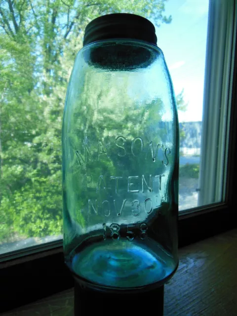 Vintage Aqua 1/2 Gallon Mason's Patent Nov 30Th 1858 Fruit Jar W/ Zinc Lid #1