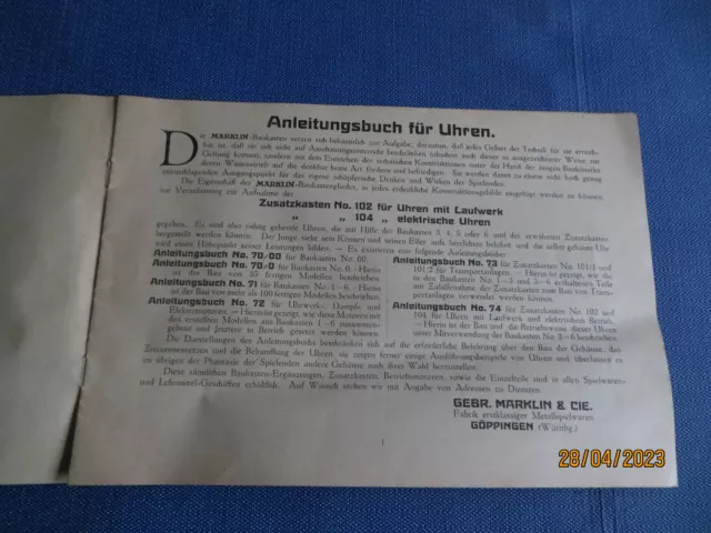 Märklin Metallbaukasten -Anleitungsbuch 74 für Uhrenkasten 1922 selten ! 3