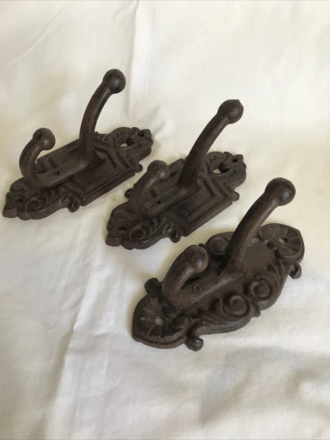 3 Cast Iron Double Coat Hooks Vintage Style Hat Rack Hall Tree Hanger