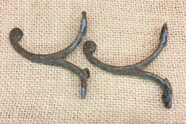 2 Old Single Coat Hooks Farm School House Wardrobe Blue Paint Vintage 1850’s  2” 2