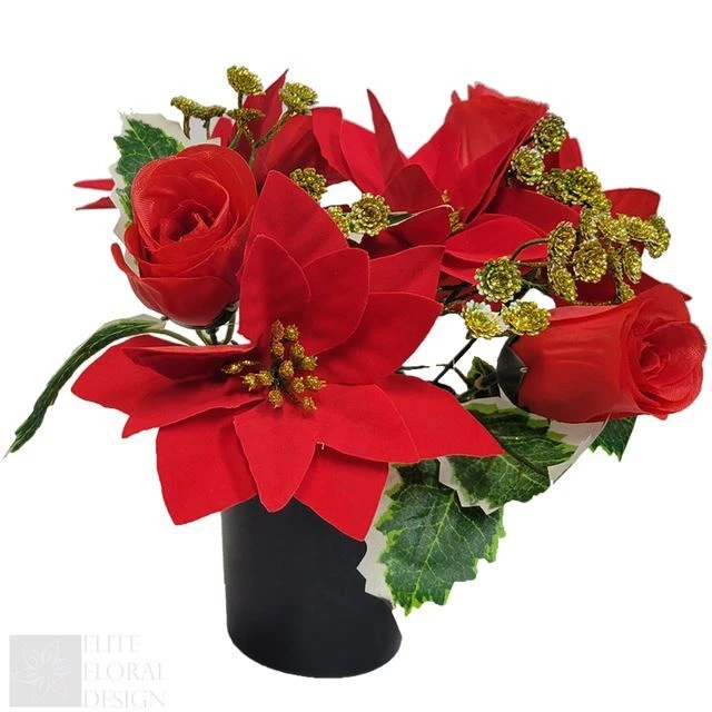 Christmas Grave Memorial Pots Artificial Poinsettia Holly Rosebud Pine Cones