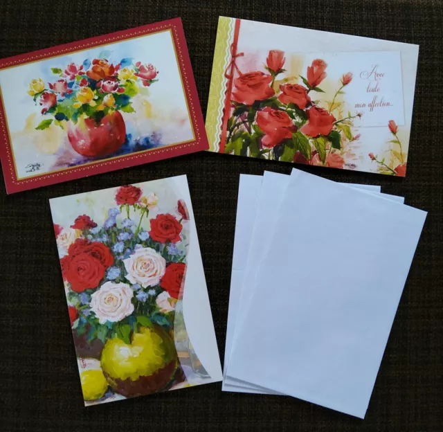 Lot De 3 Cartes -Theme "Fleurs"- Doubles - Avec Enveloppes