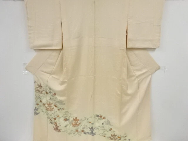 36566# Japanese Kimono / Antique Kimono / Embroidery / Cranes & Floral Plant