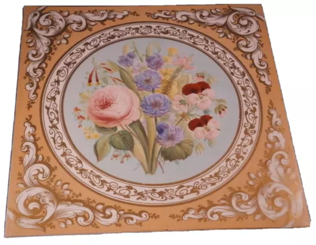 Antique 19thC English Porcelain Floral Plaque Porzellan Bild England Flower Tile