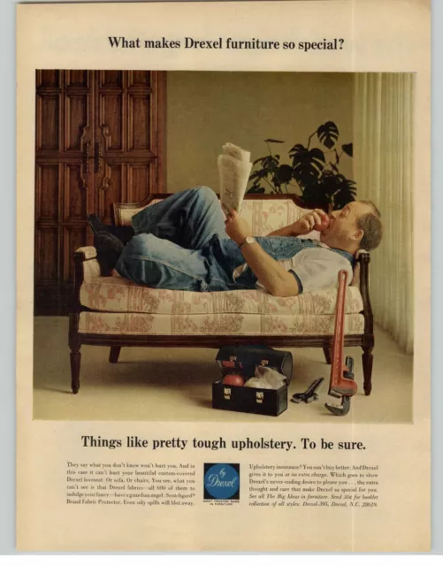 1969 Drexel Furniture Loveseat Plumber Eating Apple Reading Paper Vintage Ad