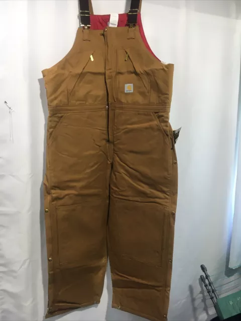 Carhartt Mens Quilt Lined Duck Zip Double Knee Bib Overalls BROWN R38 44x28 READ