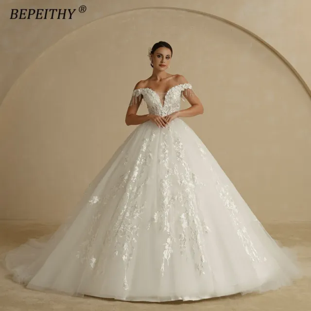 Off Shoulder Sleeveless Flore Princess Wedding Gown Ivory Tulle applique gown