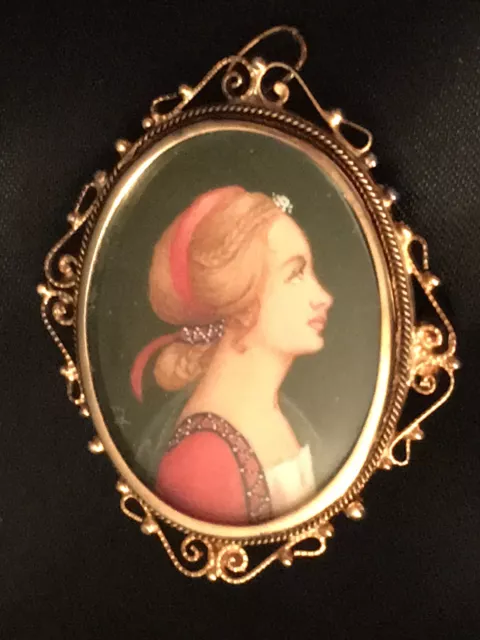 Portrait Brooch Cameo Pendant Nt Sterling 800 Silver Gold Hand Painted
