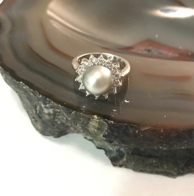 Tahitian Pearl Ring. 10mm. Sterling Silver and CZ Ring.