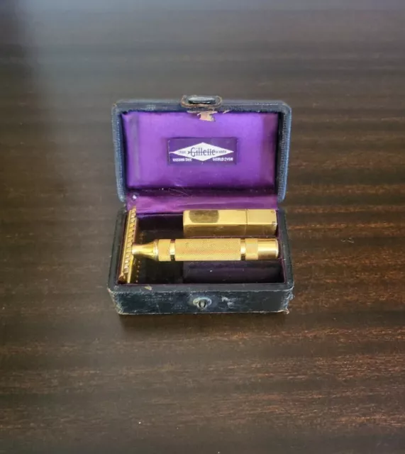 Antique Gillette Gold Plated Open Comb Safety Razor & Blade Case in Box Pat 1920