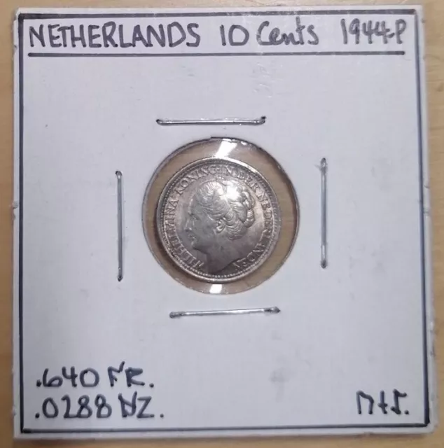 1944-P Netherlands 10 Cents Silver! High Grade! Beautiful!