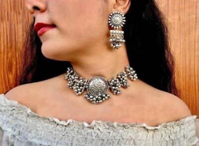 Ethnic Bollywood Style Design Silver Oxidized Choker Necklace Indian Jewelry Set
