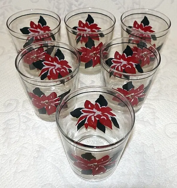 Poinsettia Christmas Anchor Hocking On The Rocks Low Ball Set of 6 Vintage Clear