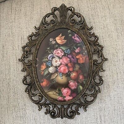 Vintage Wrought Iron Victorian oval Picture Frame bubble glass floral