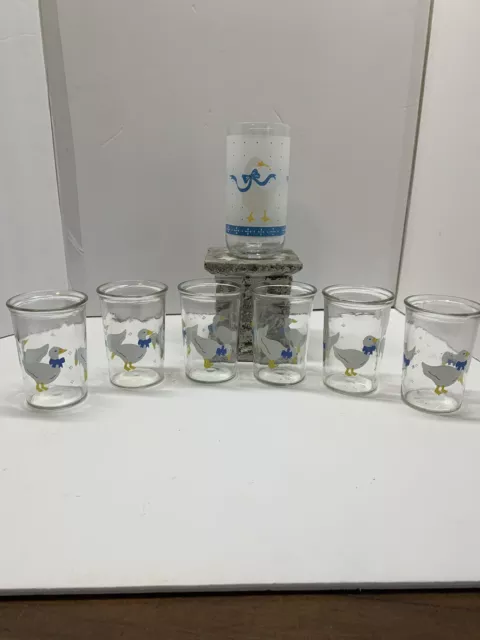 6 Vintage Tumblers Drinking Glasses White Ducks Geese Blue Ribbon 12 On. 5  1/2