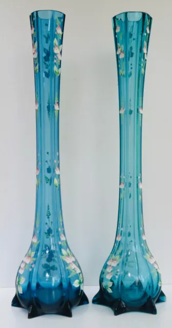 Paire De Vases Soliflores Bleus Xix° À Décor Floral 2