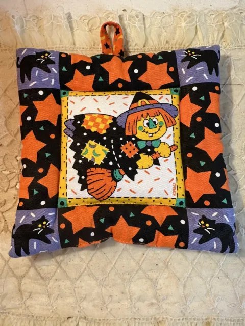 Vintage Halloween Pot Holder With Witch And Black Cat
