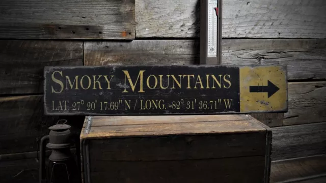 Custom Smoky Mountain Lat & Long Sign - Rustic Hand Made Vintage Wood
