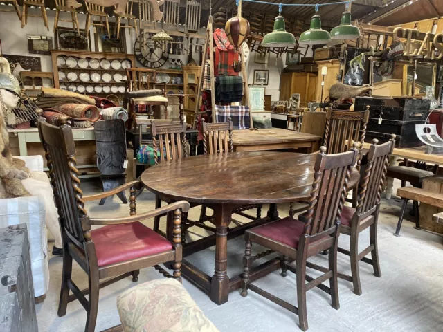 Large Antique Oak Oval Drop Leaf Tavern Dining Table and Six Barley Twist Chairs 2