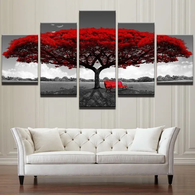 Red Leaves Tree on Field 5 Pieces Canvas Print Poster HOME DECOR Wall Art Cuadro