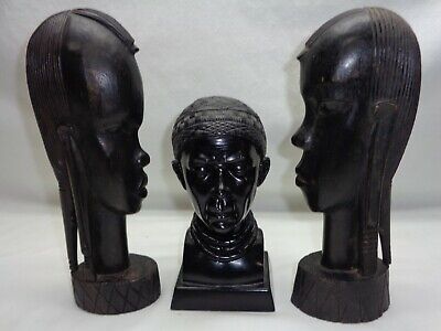 Vtg 2 Kenya Wood African Tribal Carved Sculptures + 1 Bust Head Figure Art