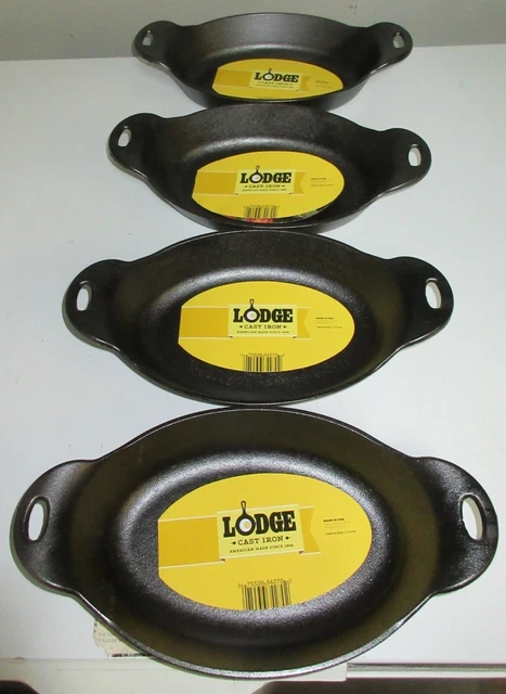 Lodge Brand 12" x 7" Cast Iron Serving Pans / New Old Stock Set Of Four USA