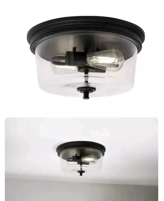 Hampton Bay Manor 13 in. Matte Black Round Flush Mount Industrial Ceiling Light