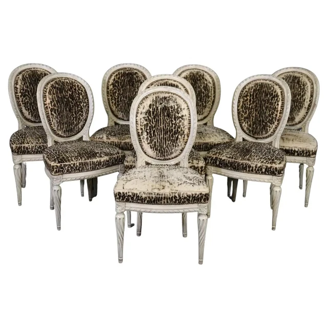 Set 8 Fine Quality Leopard Print Upholstery Painted Directoire Dining Chairs
