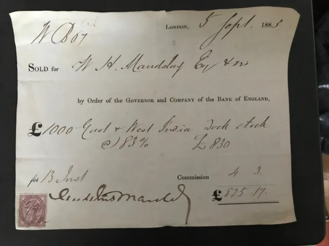 Victorian Inland Revenue Stamp Receipt Bank Of England 1883 for East India Dock