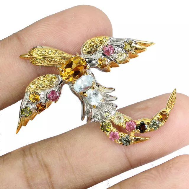 Non Chauffé Ovale Citrine Aigue-Marine Tourmaline Gemmes 925 Argent Bird Broche 2