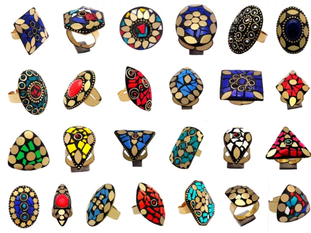 Tibetan Rings Mix Gemstone Gold Plated Wholesale Lot Adjustable Rings Jewellery