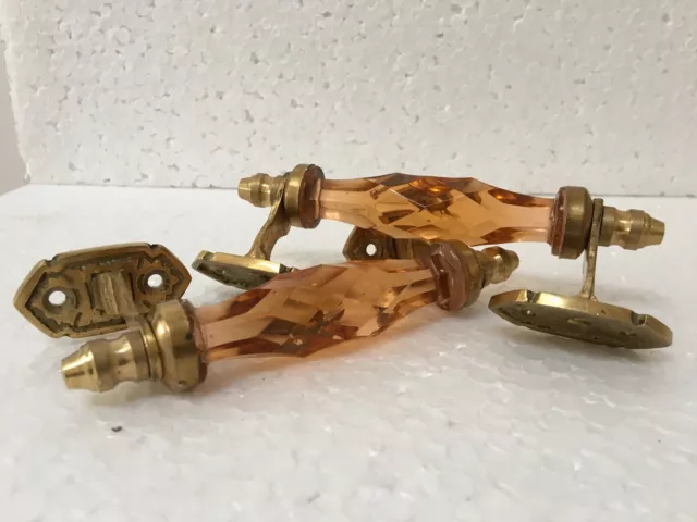 Vintage brass cobalt Orange glass church art decor Victorian door handle pair
