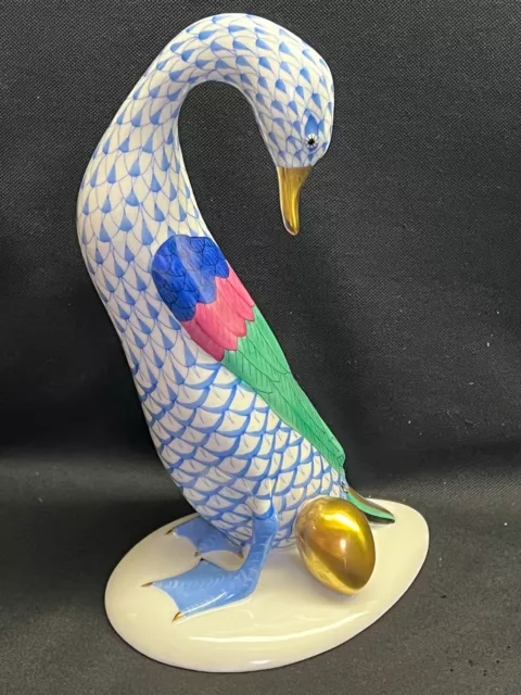🌷MINT HEREND Porcelain Large GOOSE BIRD with Gold Egg Blue Fishnet Figurine