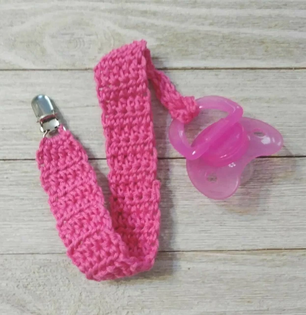 pacifier crochet dummy clip strap holder Baby pink handmade new