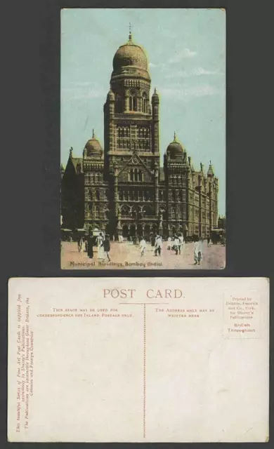 India Old Colour Postcard Municipal Buildings Street Scene Bombay TRAM, Shurey's
