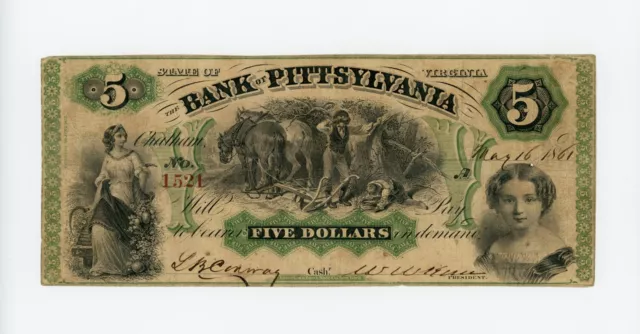 1861 $5 The Bank of Pittsylvania - Chatham, VIRGINIA Note CIVIL WAR Era