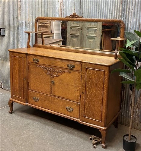 Vintage Sideboard Buffet, Oak Dining Room, Table Server Mirror, Cupboard Dresser