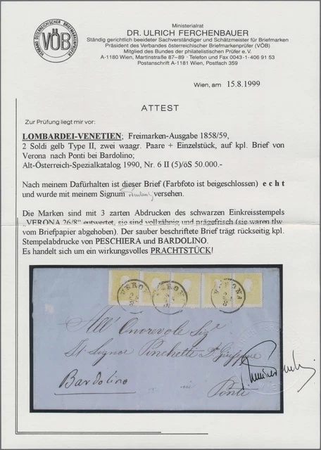 1858 ANK 6 II gelb 2 Soldi 2 Paare + Einzelstück Brief Verona n. Ponti b. Bardol